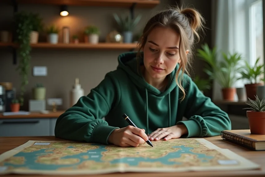 Jeune femme étudie une carte de jeu dans un appartement cosy