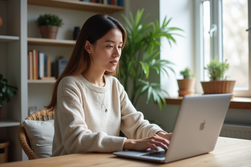Jeune femme travaillant sur son ordinateur dans un appartement cosy
