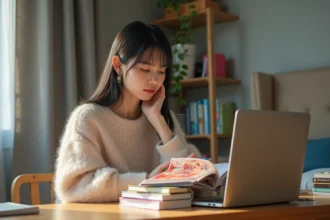 Jeune femme lisant manga romantique dans sa chambre