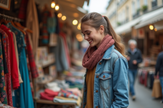Jeune femme en denim dans un marché vintage parisien