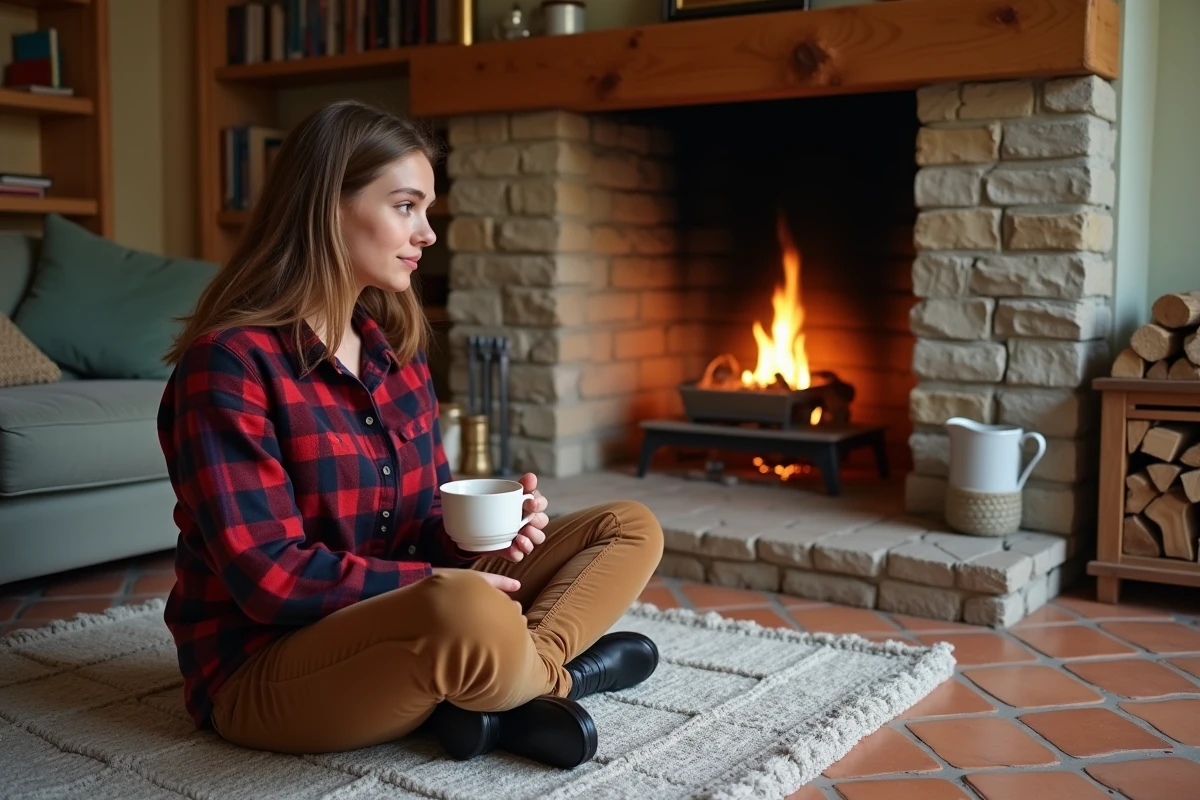 Jeune femme avec tasse de thé devant cheminée en cottage chaleureux