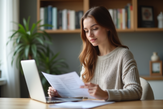 Jeune femme étudiante consulte ses papiers dans sa cuisine