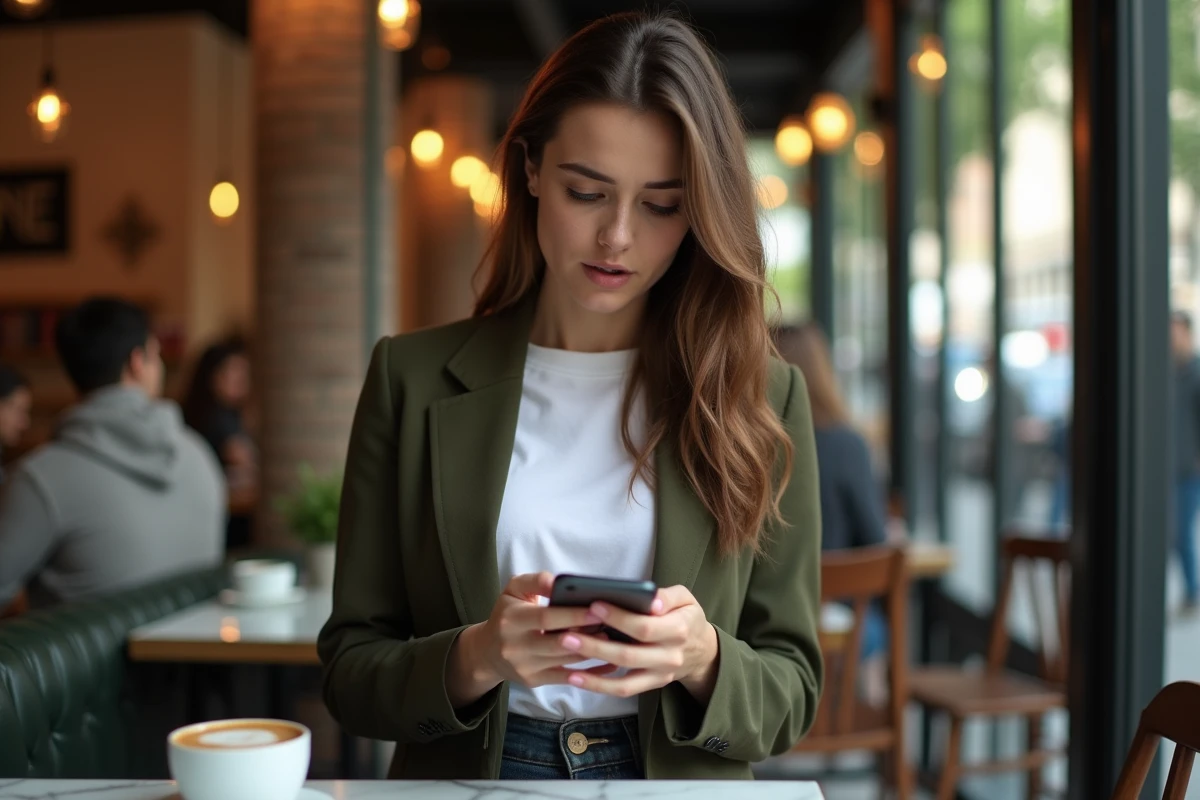 Jeune femme consultant son smartphone dans un café parisien, illustrant les enjeux de vie privée en ligne