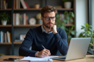 Jeune homme professionnel regardant son ordinateur dans un bureau moderne