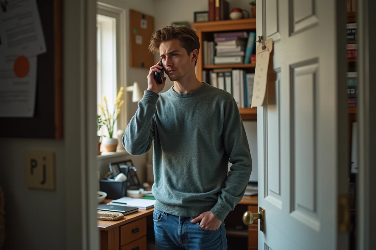 Jeune homme en colère parlant au téléphone dans un bureau encombré