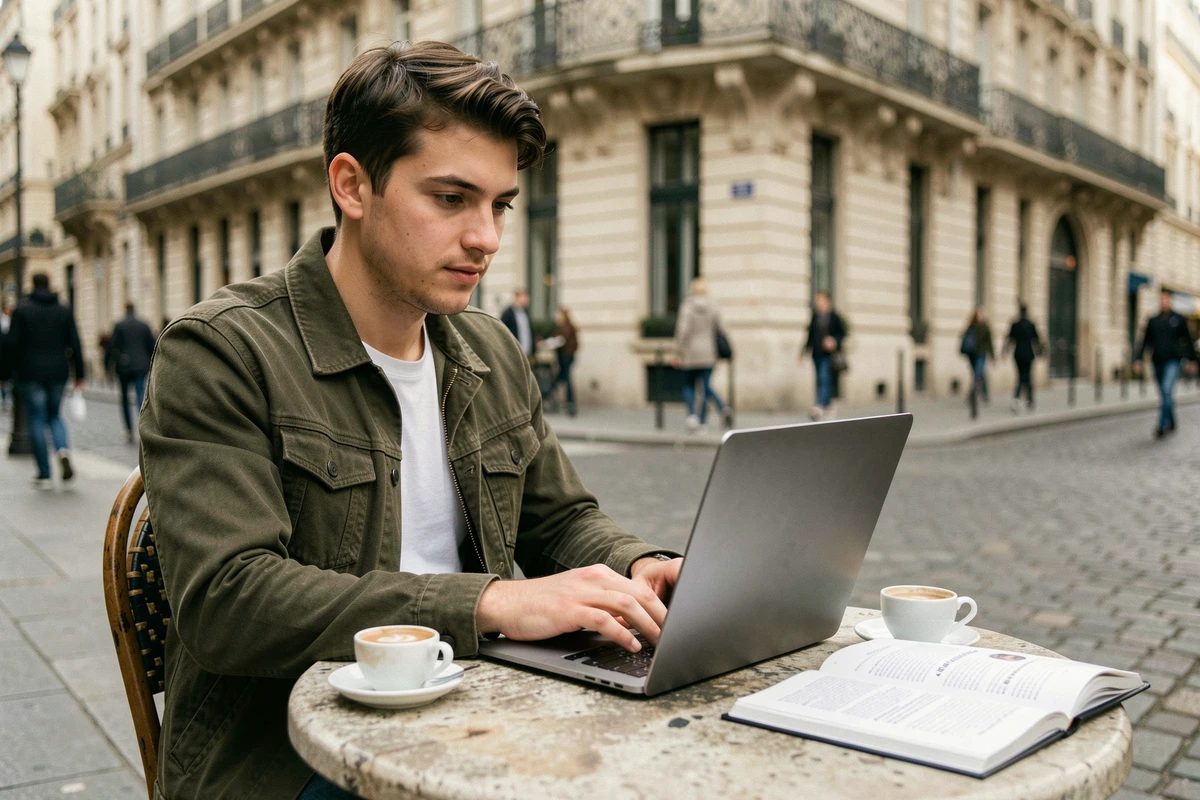 Jeune homme travaillant sur les subtilités du français dans un café parisien en plein air avec un guide linguistique ouvert