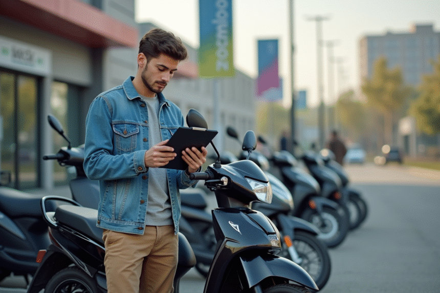 Jeune homme compare prix moto 125cc en concession