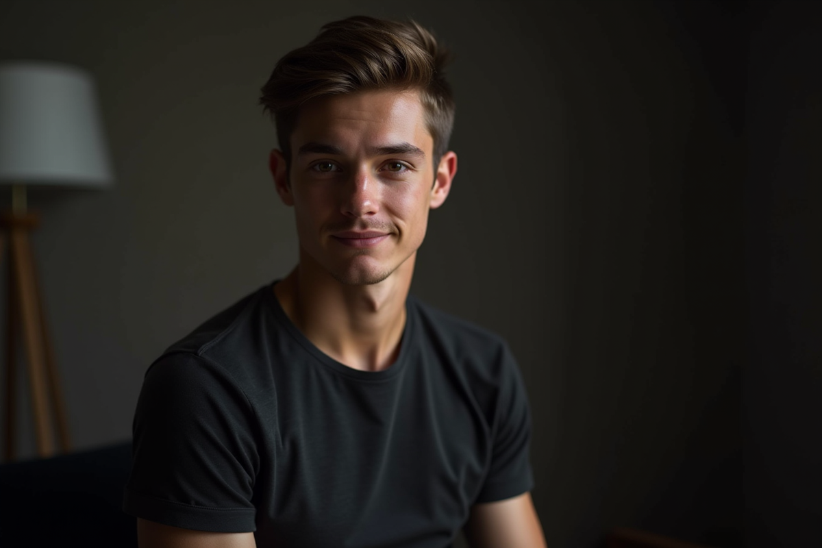 Jeune homme charismatique en studio avec éclairage dramatique