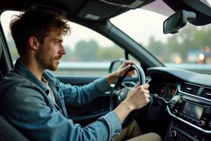 Jeune homme en denim programme la radio dans la voiture