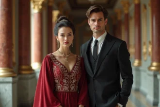 Jeune homme en costume sombre avec une empresse élégante dans un palais