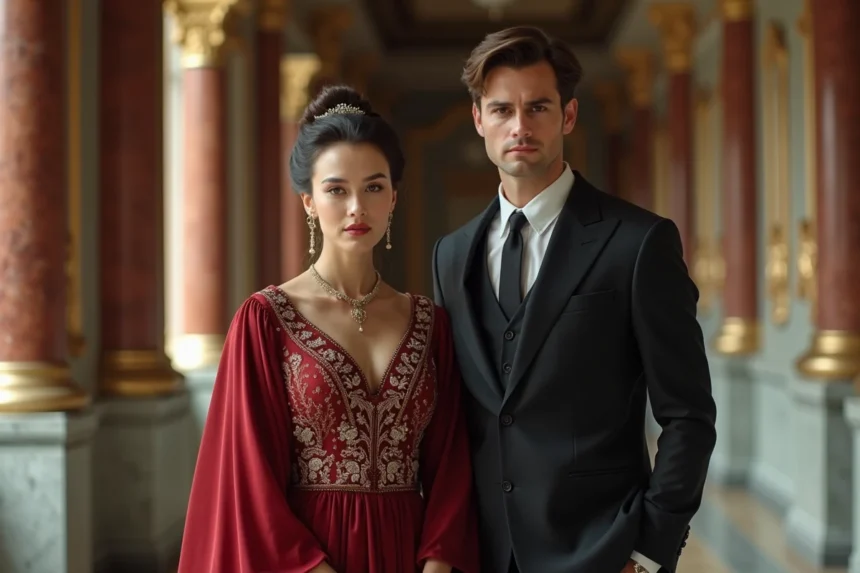 Jeune homme en costume sombre avec une empresse élégante dans un palais