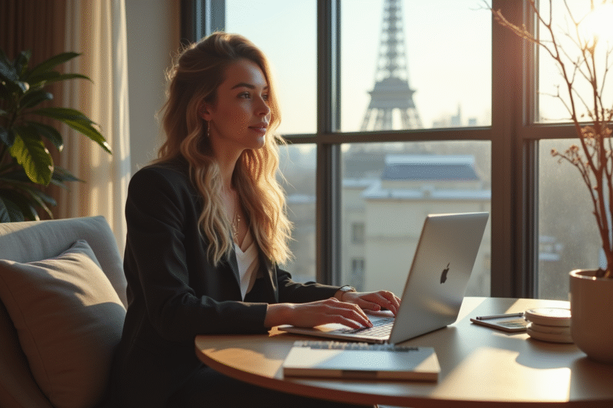 Jeune influenceuse confiante dans un appartement parisien lumineux