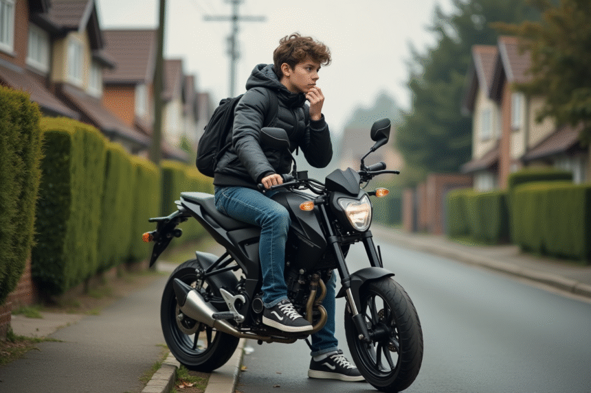 Jeune garçon en moto jacket sur une moto 50cc dans un quartier calme