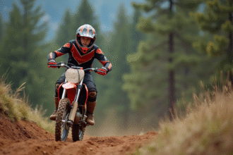 Jeune pilote de motocross sur une piste en pleine nature