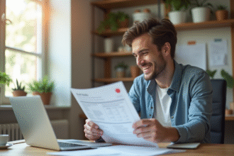 Jeune professionnel détendu au bureau à domicile souriant