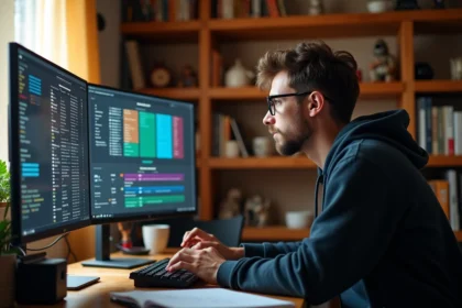 Joueur concentré devant un double écran affichant des interfaces de crafting et de forgemagie dans un jeu RPG, environnement bureau home office cosy