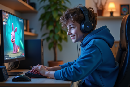Jeune joueur concentré jouant à Dofus sur son ordinateur à la maison
