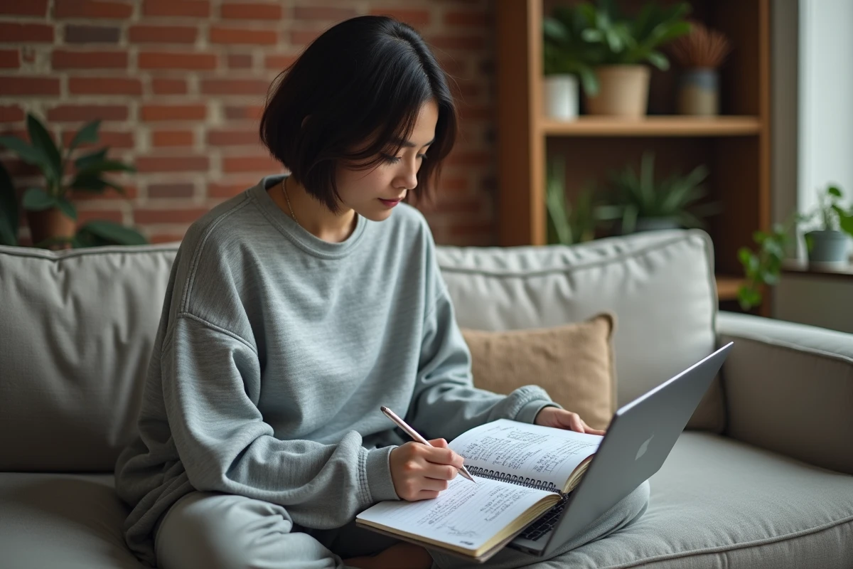 Jeune femme prenant des notes sur une économie de compte dans un jeu de rôle en ligne, assise sur un canapé avec un ordinateur portable et un carnet de calculs