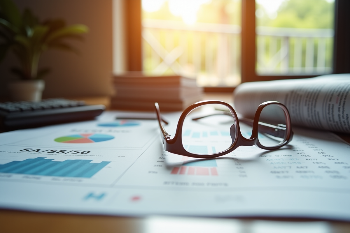 Journal financier et lunettes sur un bureau en bois