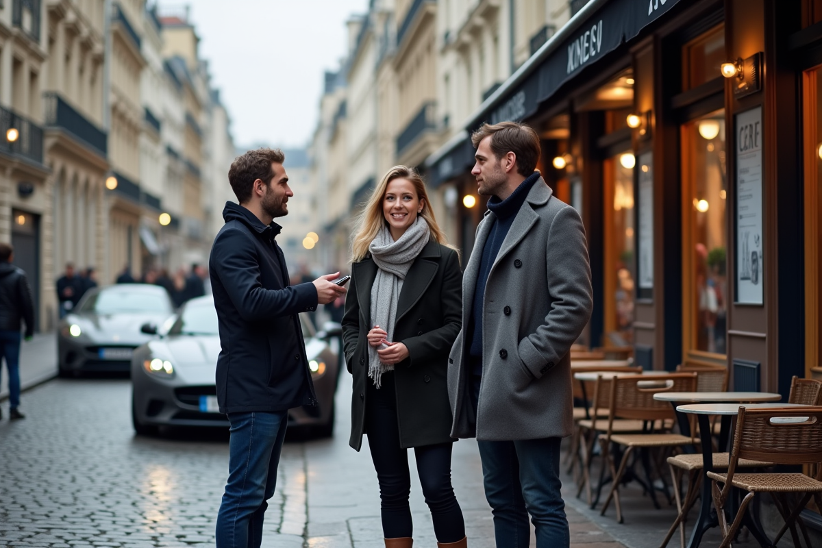 Journalistes automobiles discutant devant voitures à Paris