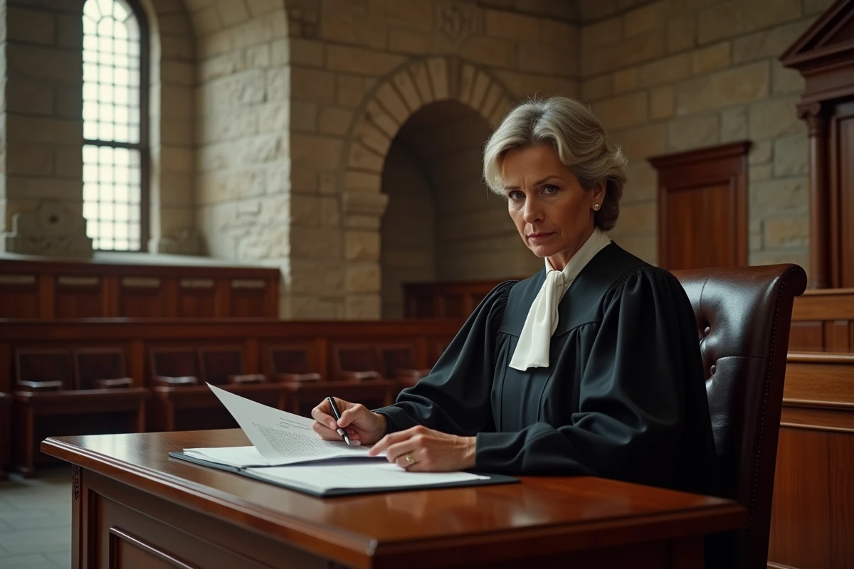 Juge examinant des documents relatifs au devoir d'information selon l'article 1112-1 du Code civil dans une salle d'audience