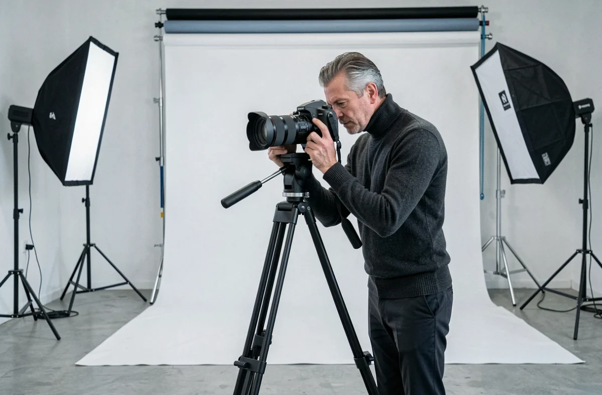 Laurent Viu, photographe professionnel au moyen format, composant un portrait dans son studio à Strasbourg