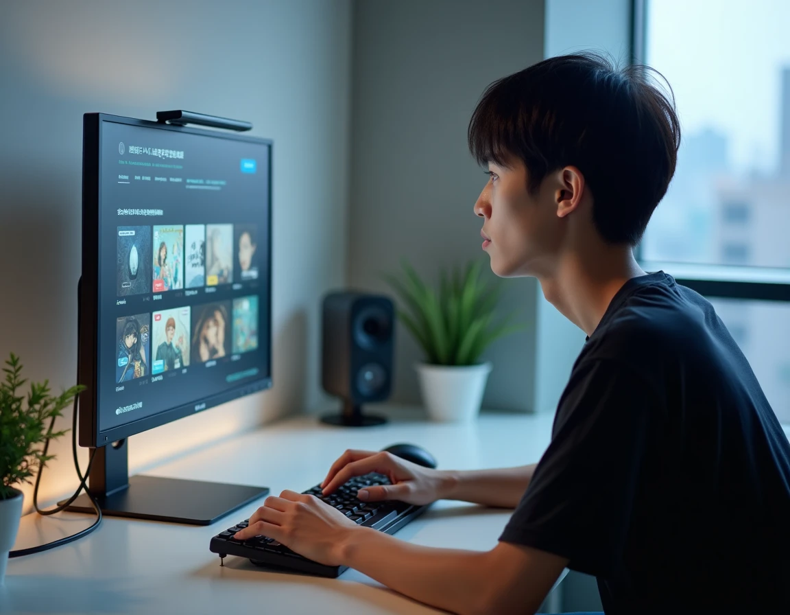 Homme lisant un manhwa sur un écran d'ordinateur dans un bureau moderne minimaliste