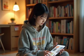 Jeune femme lisant du manhwa sur une tablette dans sa chambre entourée de volumes manga