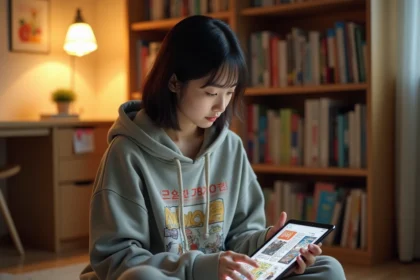 Jeune femme lisant du manhwa sur une tablette dans sa chambre entourée de volumes manga