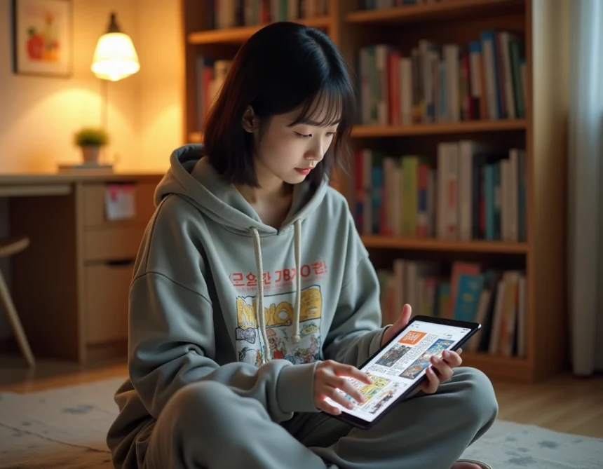 Jeune femme lisant du manhwa sur une tablette dans sa chambre entourée de volumes manga