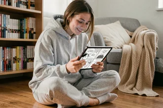 Jeune femme lisant un manga BL en français sur tablette dans une chambre cosy avec bibliothèque en arrière-plan