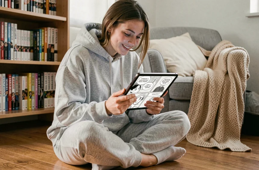 Jeune femme lisant un manga BL en français sur tablette dans une chambre cosy avec bibliothèque en arrière-plan