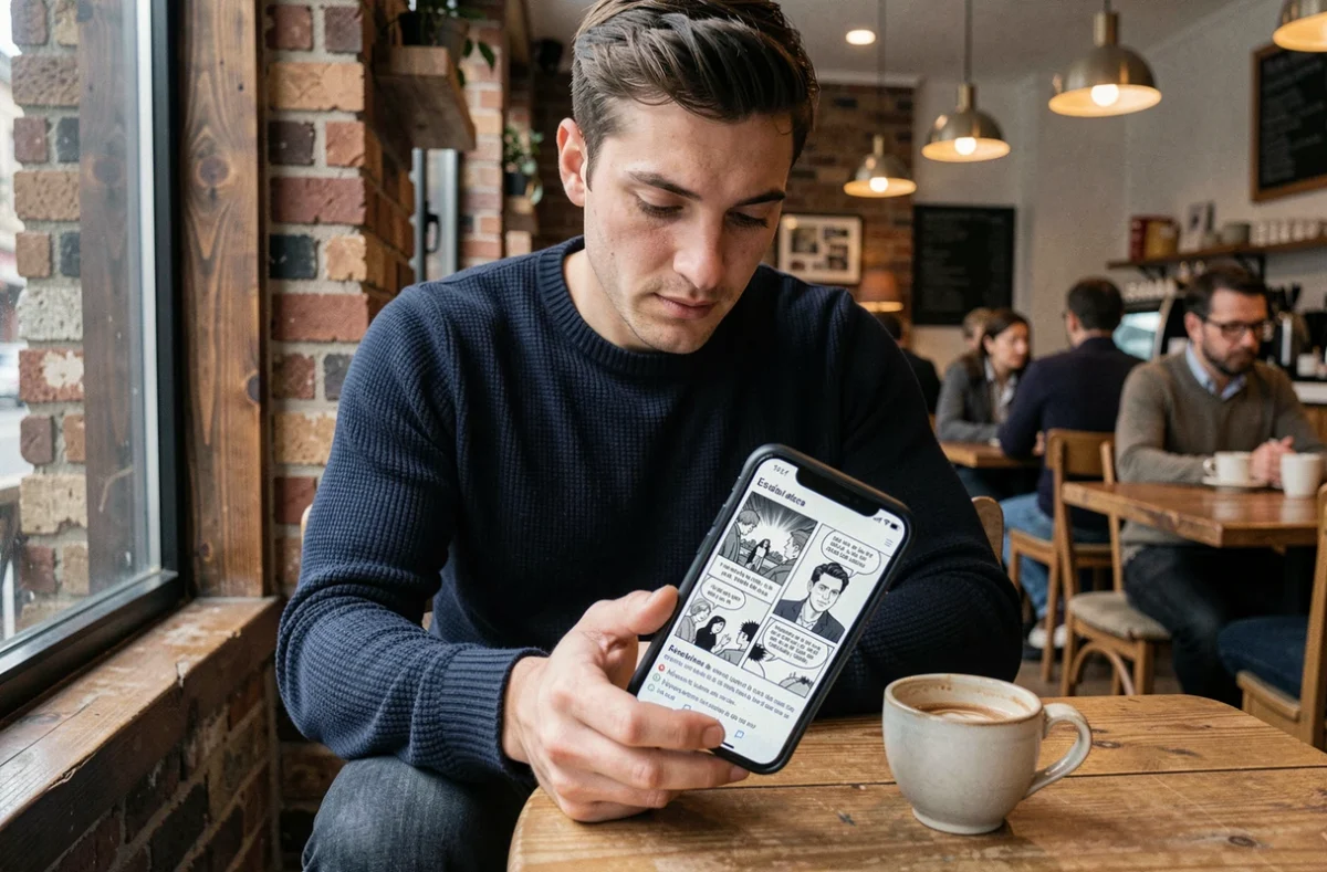 Jeune homme consultant un scan BL en français sur smartphone dans un café urbain avec tasse de café