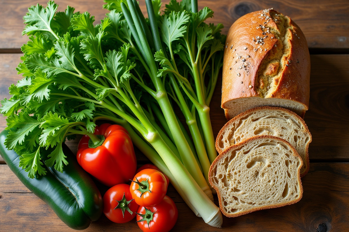 Légumes verts et pain complet sur un plan de travail en bois