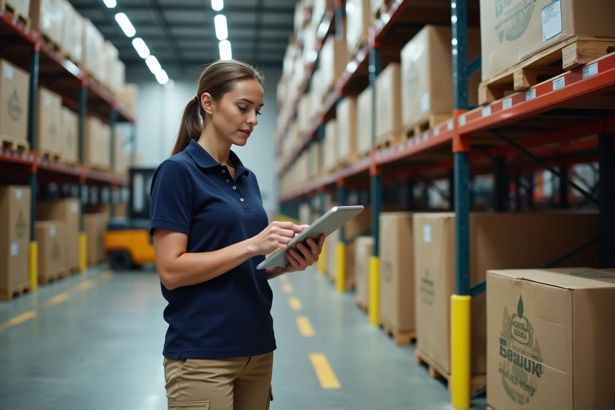 Coordinatrice logistique alimentaire vérifiant des caisses de produits frais dans un entrepôt frigorifique de distribution