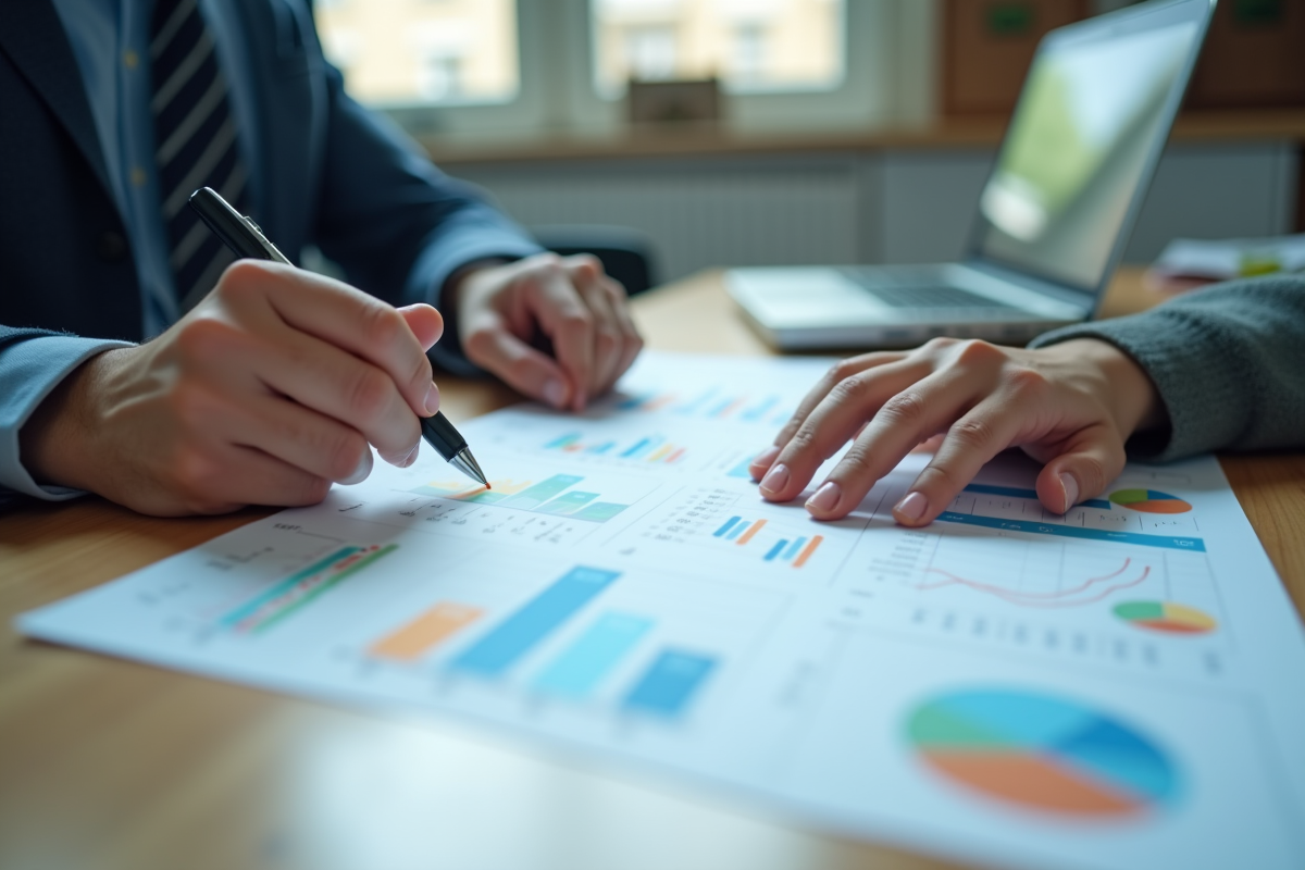 Mains prenant des notes avec graphiques colorés sur un bureau