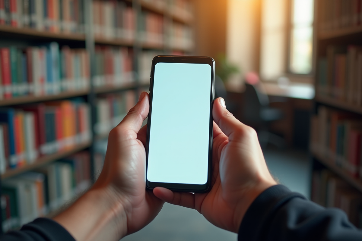 Mains tenant un smartphone affichant ChatGPT dans une bibliothèque
