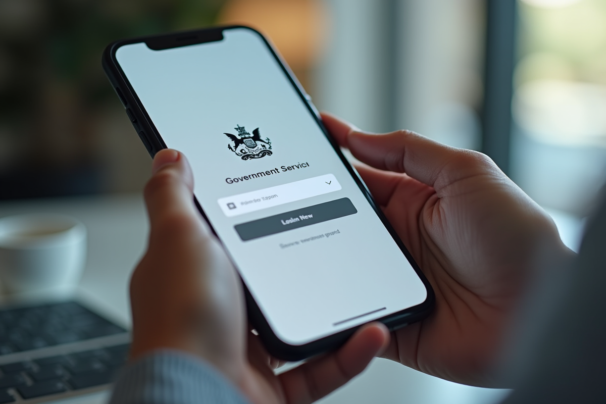 Mains tenant un smartphone affichant une connexion sécurisée pour un service public