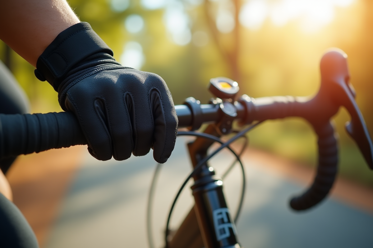 Mains gantées tenant le guidon en pleine course à vélo