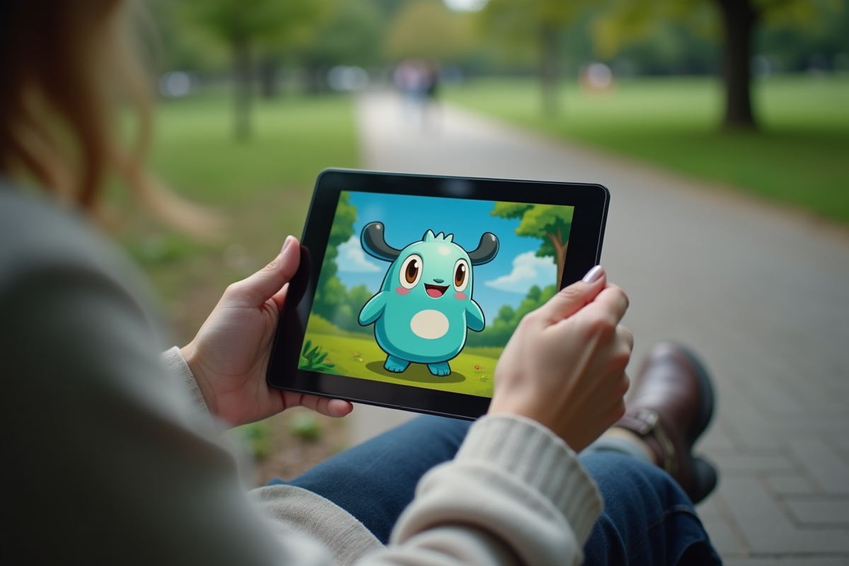 Mains tenant une tablette affichant le jeu Dofus dans un parc