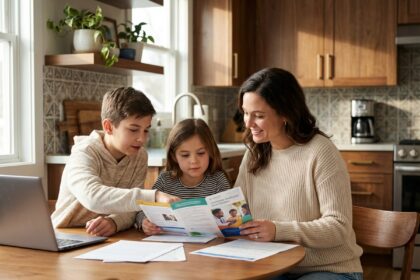 Mère souriante avec ses enfants regardant une brochure santé