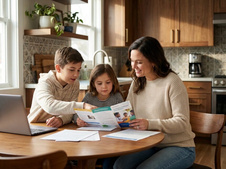 Mère souriante avec ses enfants regardant une brochure santé