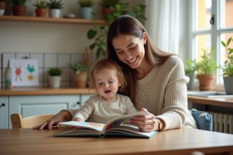 Maman et enfant lisant un livre dans la cuisine chaleureuse