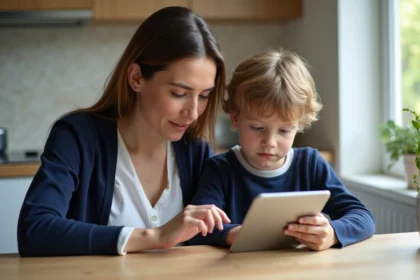 Maman et son enfant utilisent une tablette dans la cuisine