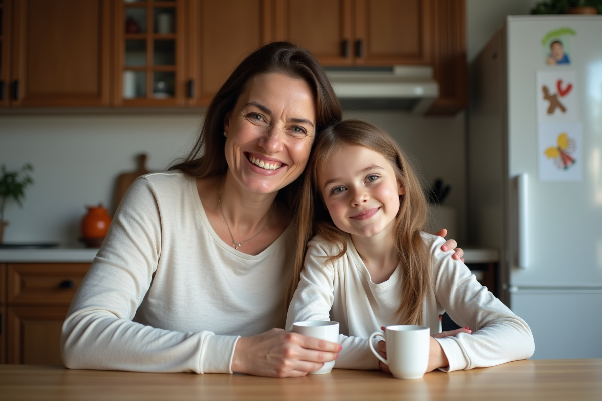 Mère et fille souriantes dans une cuisine chaleureuse