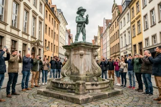 Statue du Manneken Pis à Bruxelles avec des touristes rassemblés autour du piédestal baroque en pierre, dans une rue pavée du centre historique