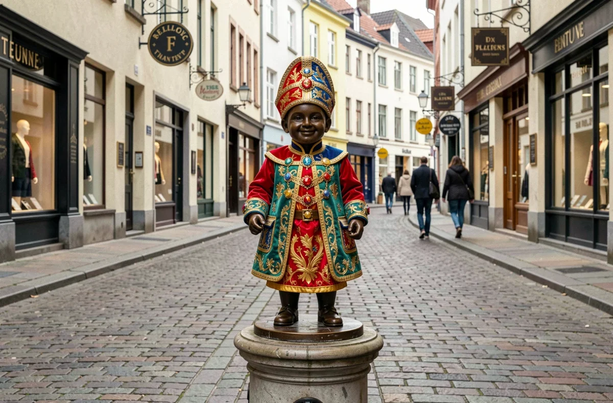 Manneken Pis habillé d'un costume traditionnel coloré sur son piédestal rue de l'Étuve, avec la perspective de la rue pavée de Bruxelles en arrière-plan