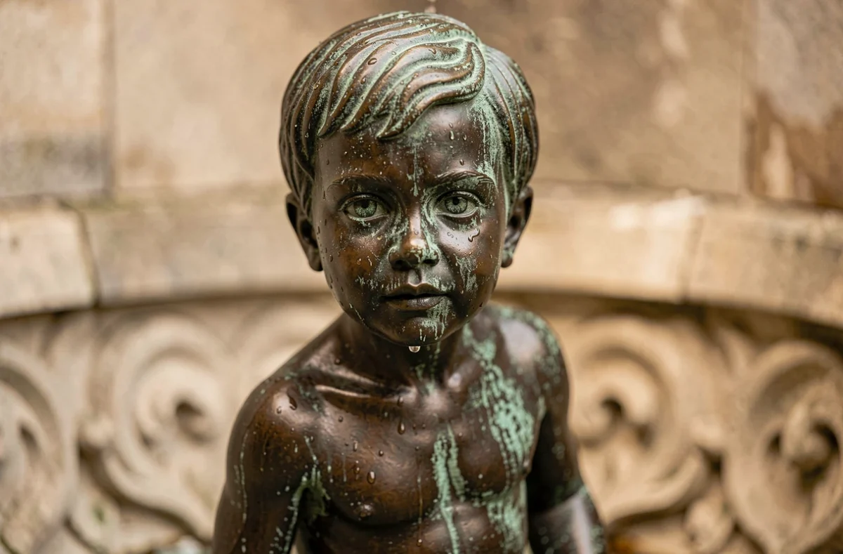 Gros plan sur la patine en bronze du Manneken Pis avec les détails sculptés et la vasque en pierre du bas, au centre de Bruxelles