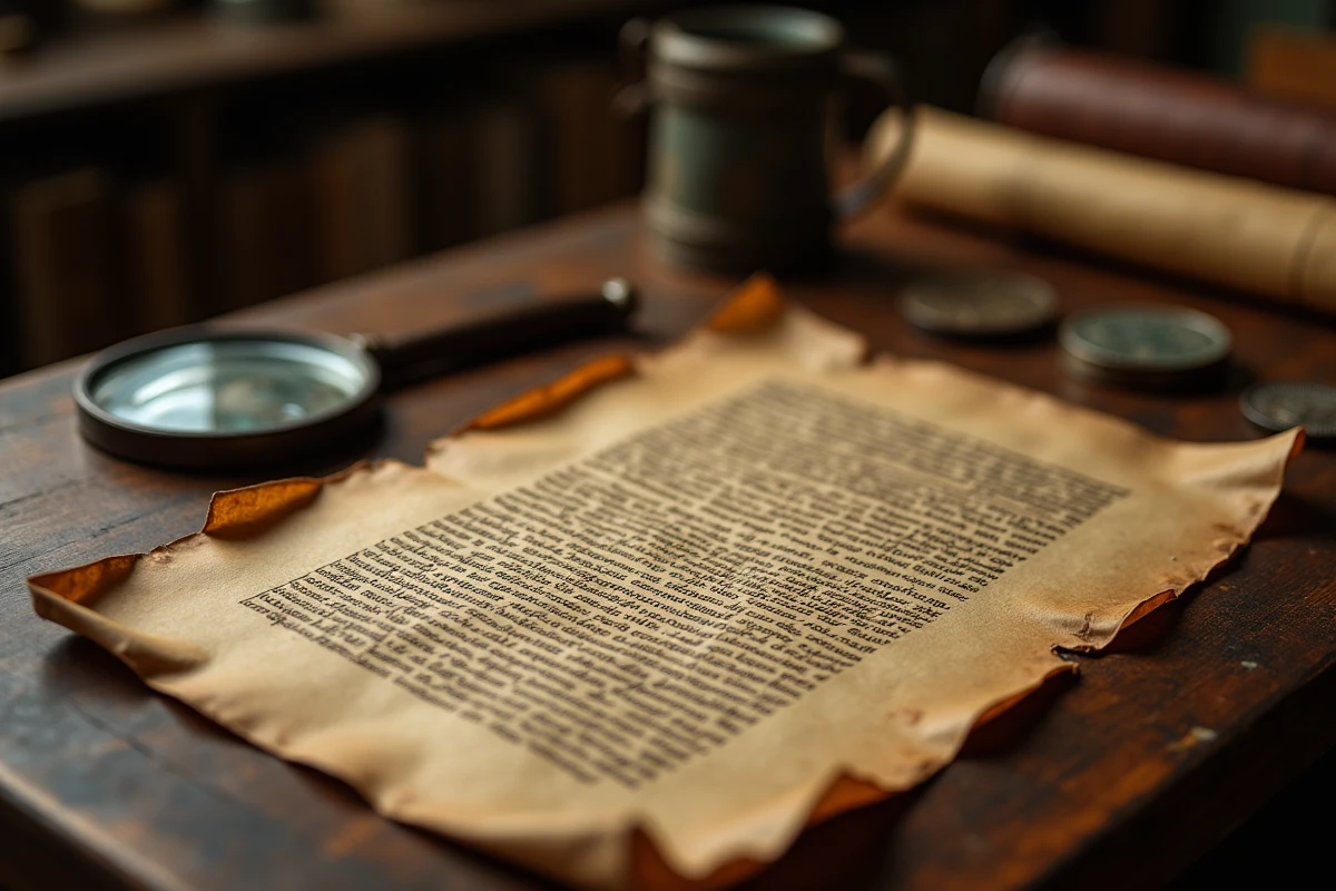 Manuscrit latin ancien mentionnant Senatus Populusque Romanus avec monnaie romaine sur bureau en bois