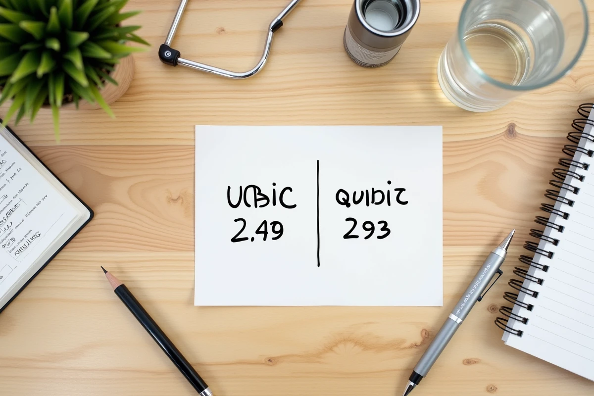 Vue de dessus d'un bureau avec un mémo visuel de conversion mètre cube en litre entouré d'outils de mesure
